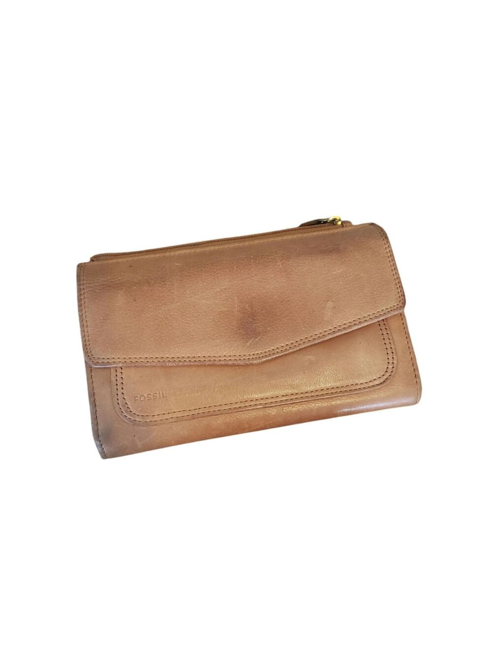 Fossil vintage genuine leather trifold wallet tan card snap closure